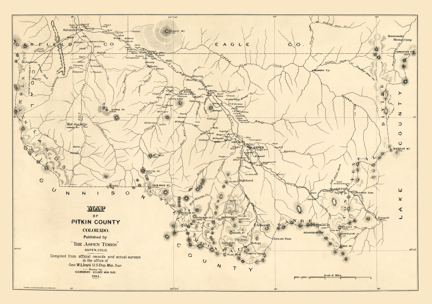 Vintage Map of Pitkin County, Colorado 1884