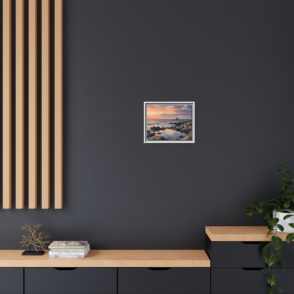 Framed Seaside Sunset Matte Canvas Print – Sailboat Coastal Wall Art