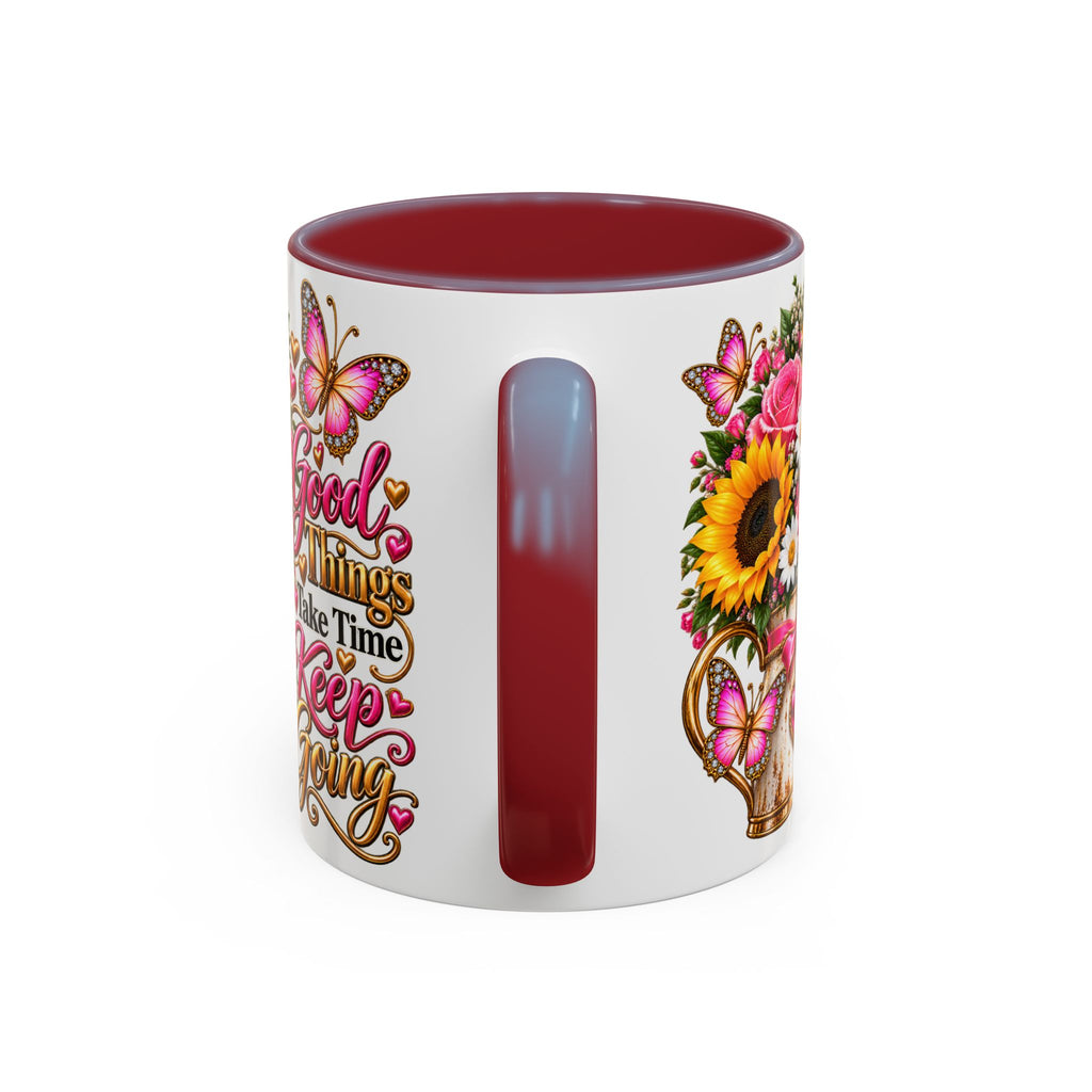Inspiring Floral Coffee Mug — "Good Things Take Time, Keep Going"
