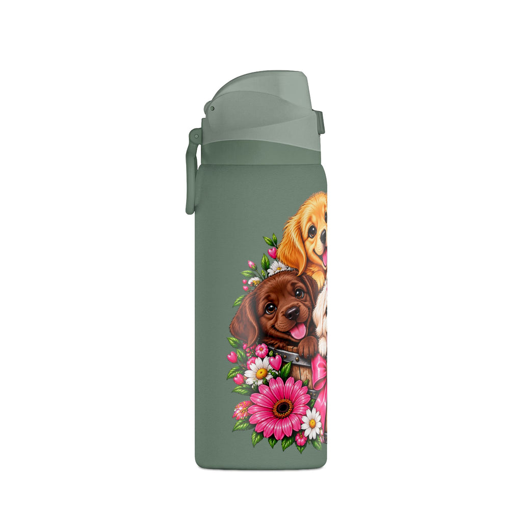 32oz Insulated Water Bottle with Adorable Dogs and Flowers