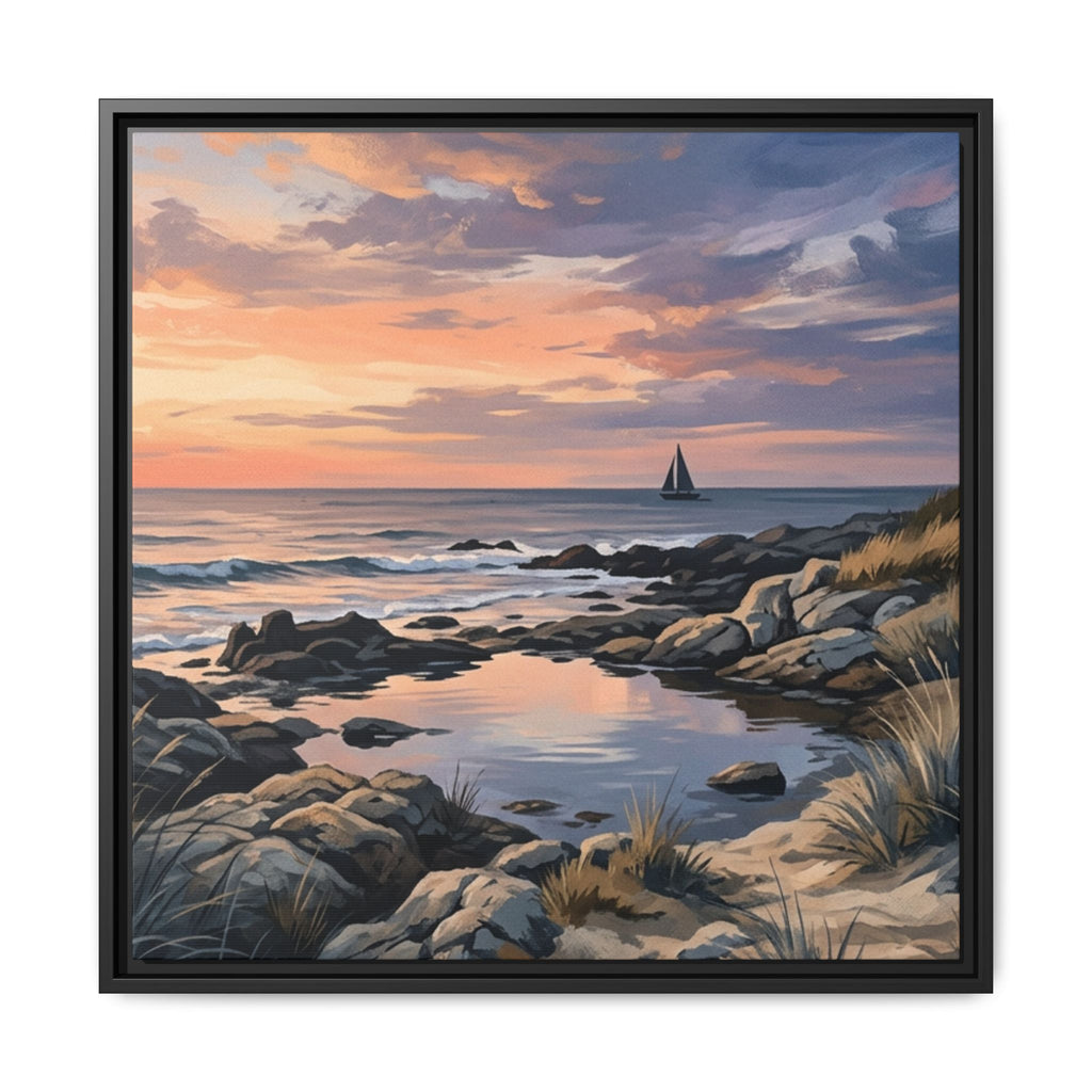 Framed Seaside Sunset Matte Canvas Print – Sailboat Coastal Wall Art