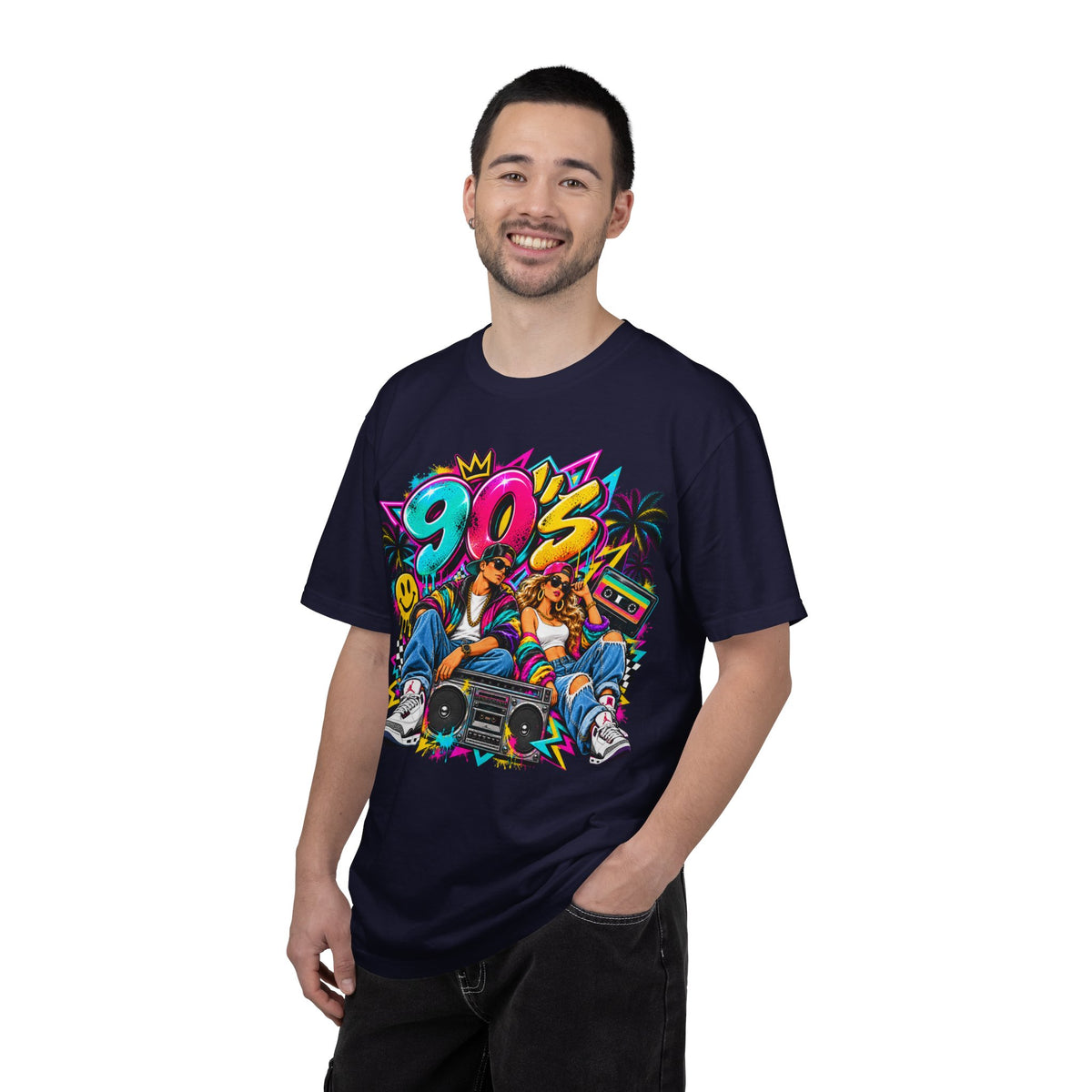 90s Retro Streetwear T-Shirt — Vintage Boombox & Neon Graffiti Design