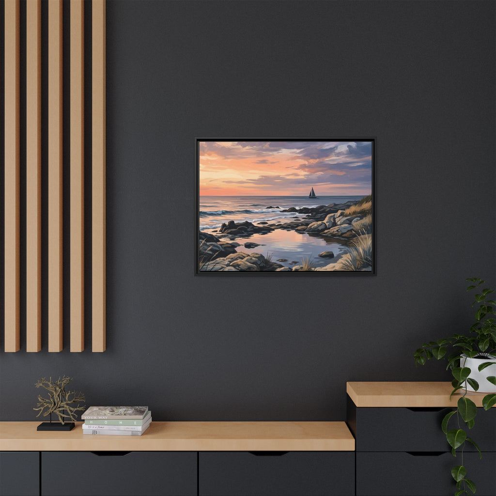 Framed Seaside Sunset Matte Canvas Print – Sailboat Coastal Wall Art