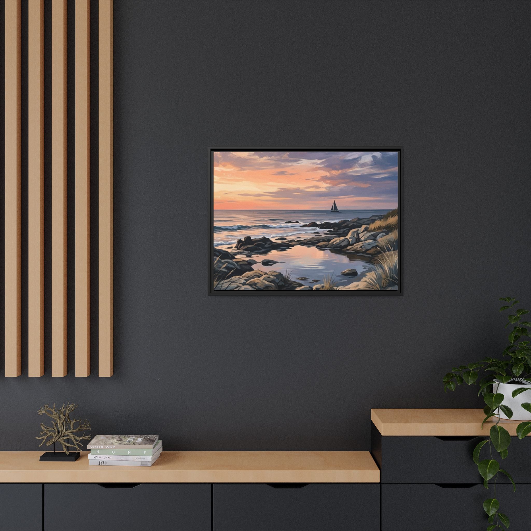 Framed Seaside Sunset Matte Canvas Print – Sailboat Coastal Wall Art