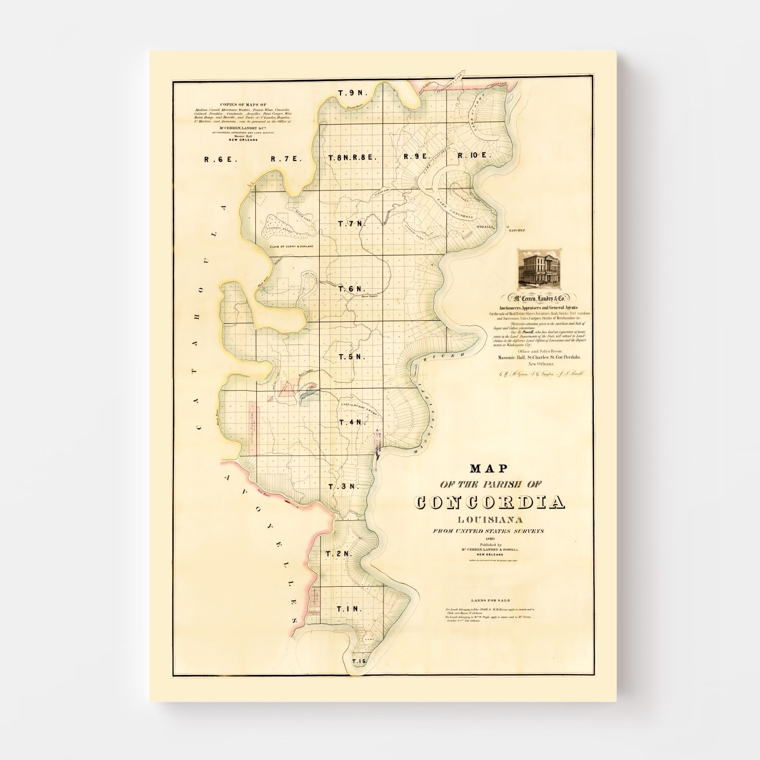 Vintage Map of Concordia Parish, Louisiana 1860
