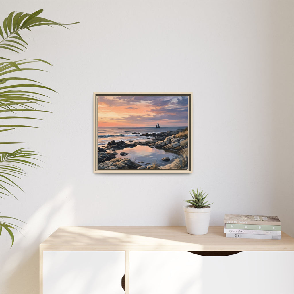 Framed Seaside Sunset Matte Canvas Print – Sailboat Coastal Wall Art