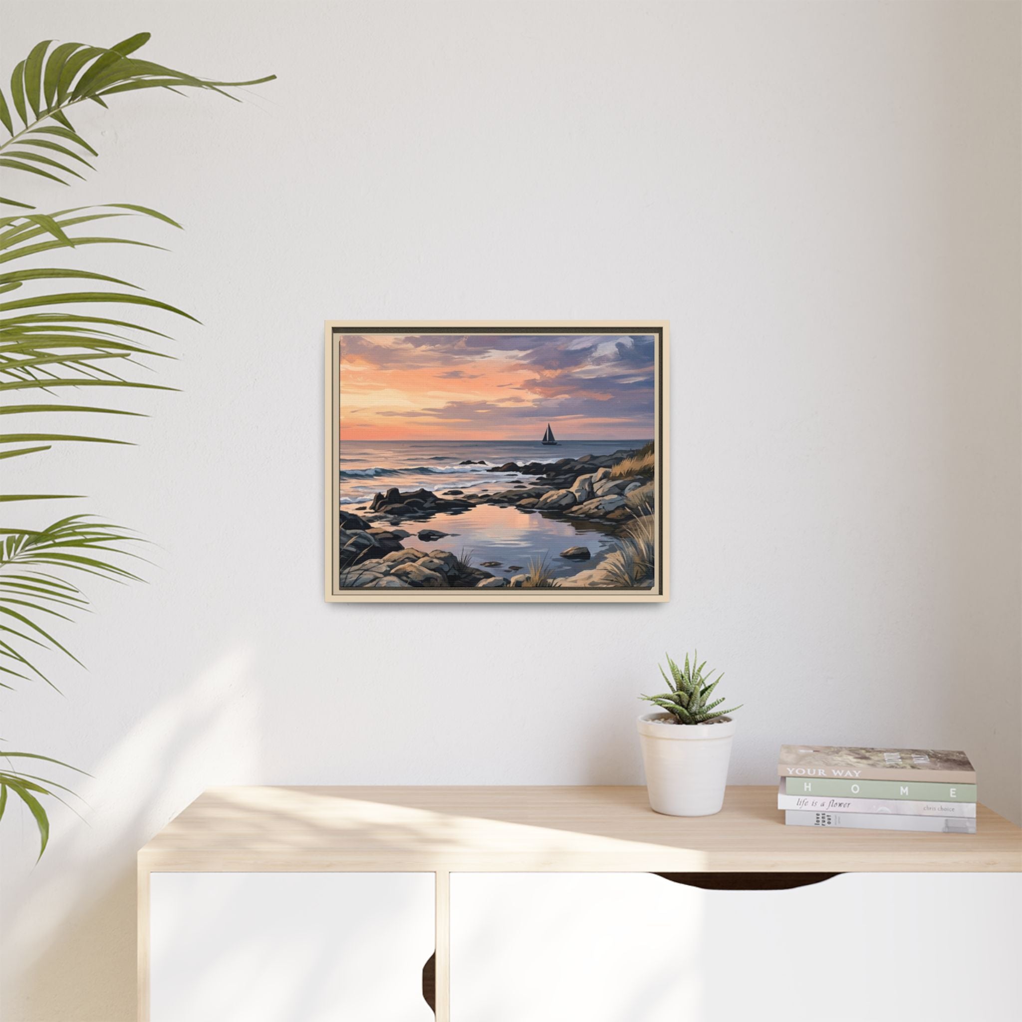 Framed Seaside Sunset Matte Canvas Print – Sailboat Coastal Wall Art