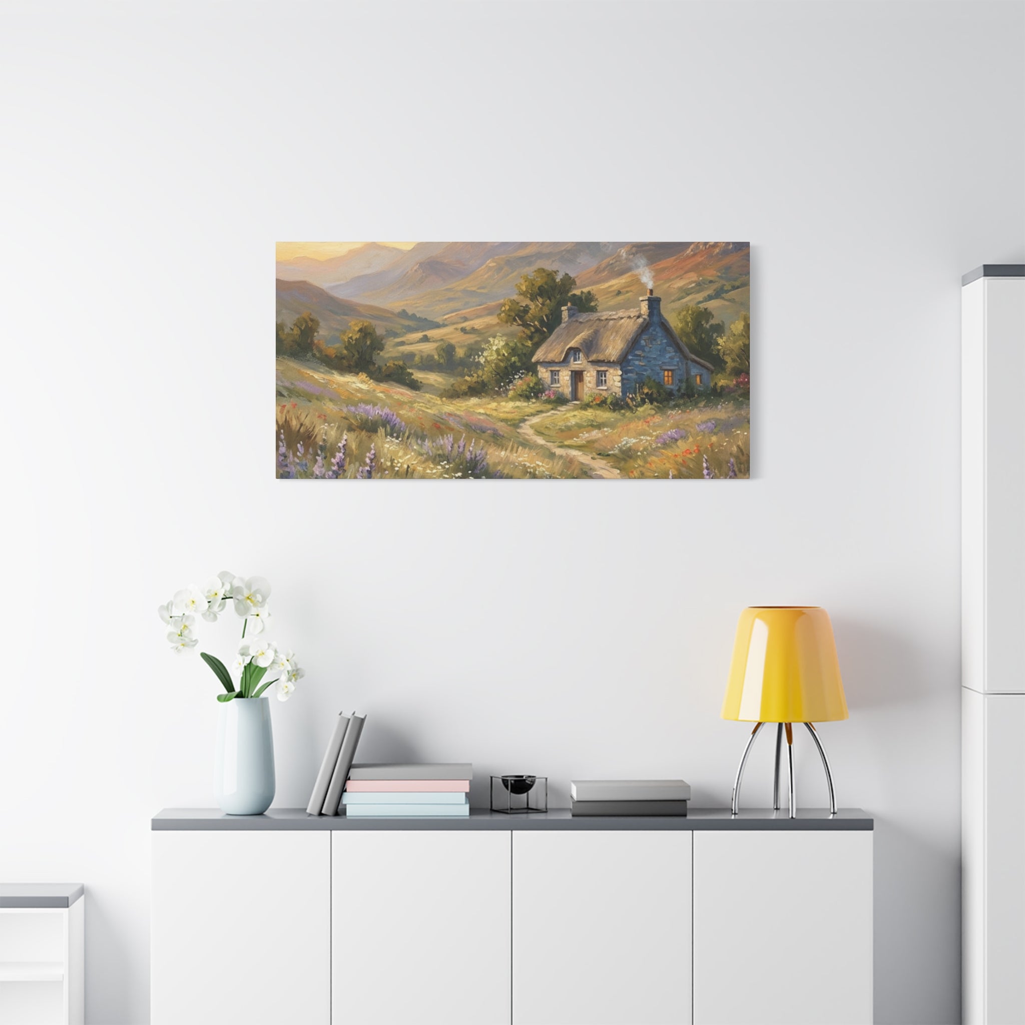 Countryside Cottage Canvas Wall Art — Tranquil Rustic Landscape Print