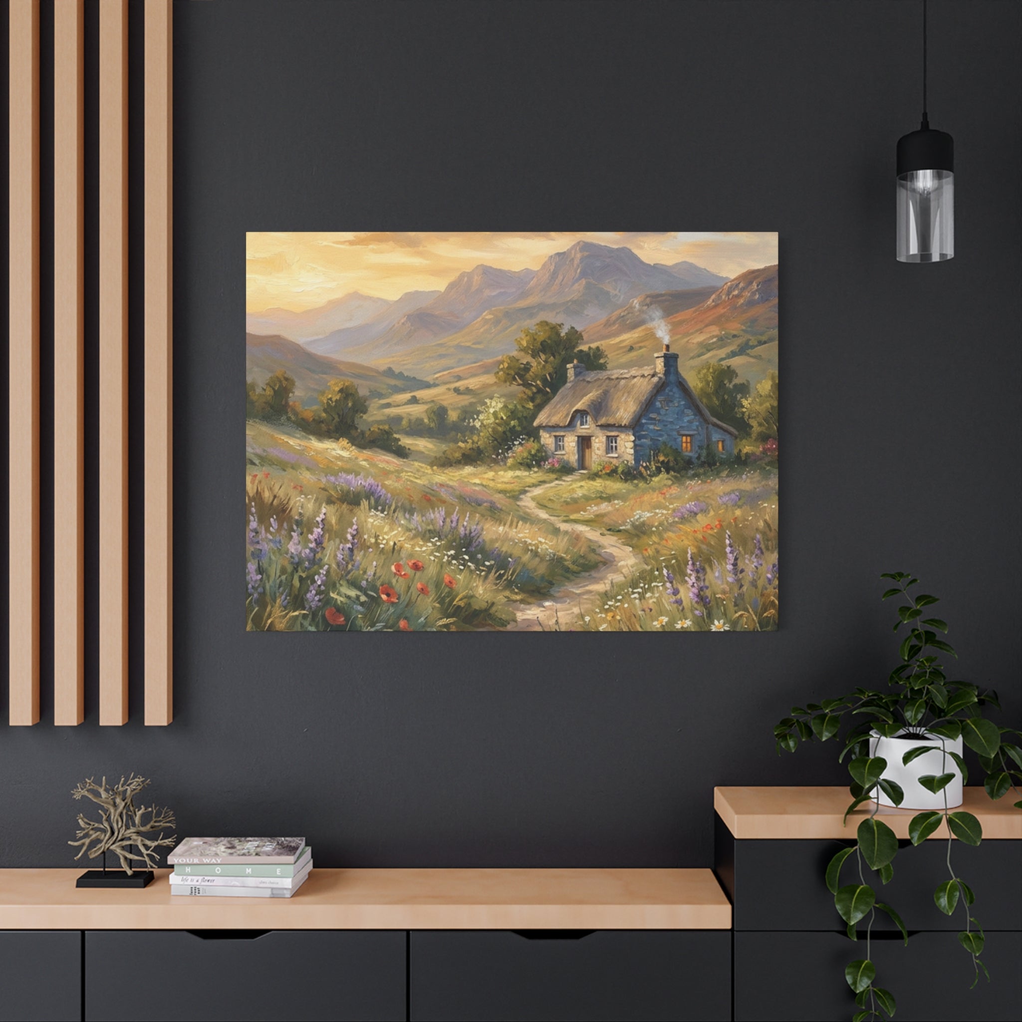 Countryside Cottage Canvas Wall Art — Tranquil Rustic Landscape Print