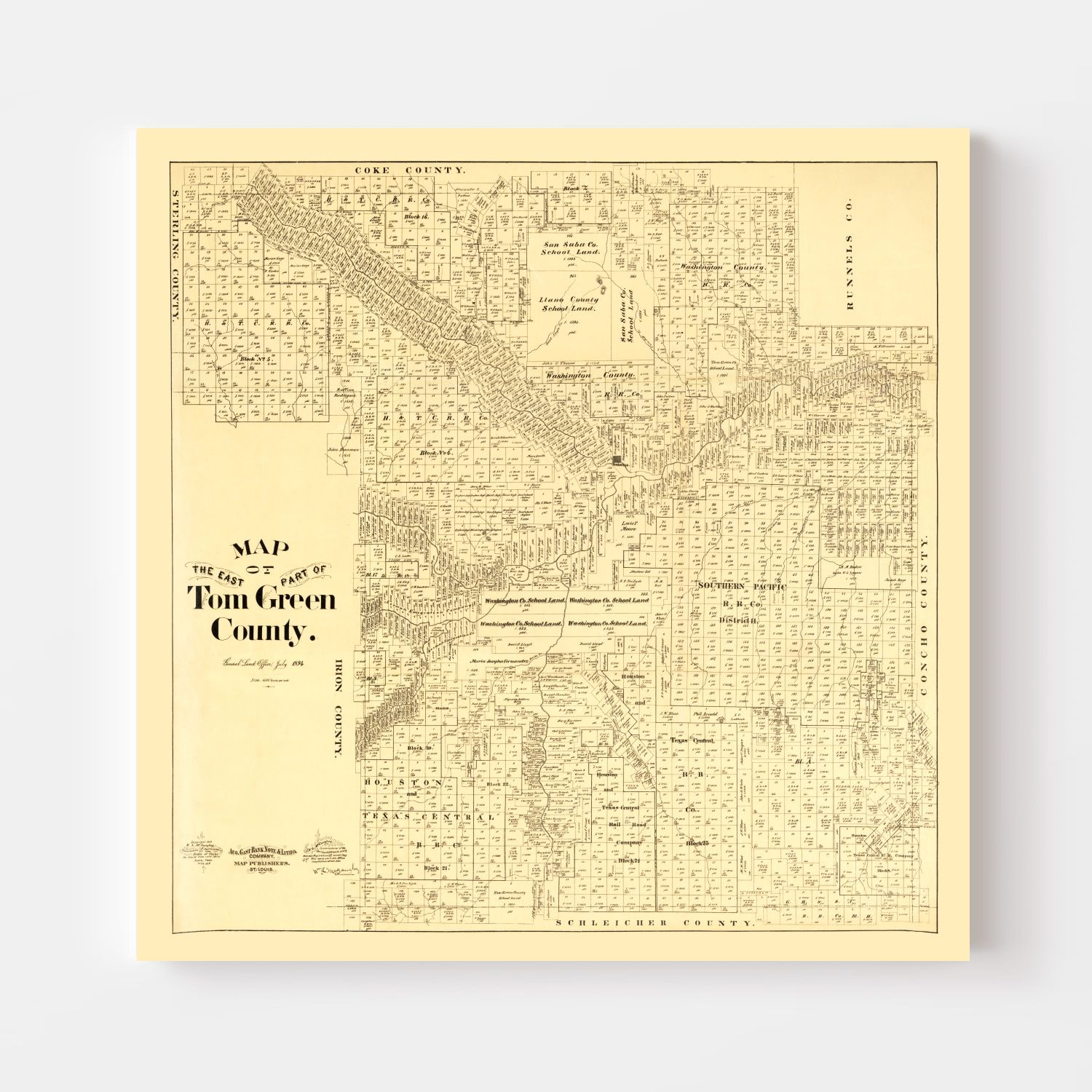 Vintage Map of Tom Green County, Texas 1893