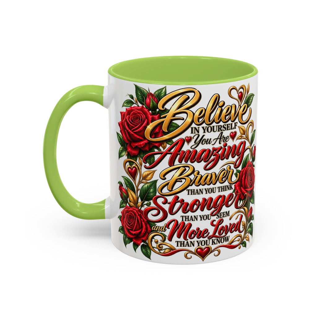 Inspirational Rose Coffee Mug — "Believe in Yourself" Motivational Tea Cup