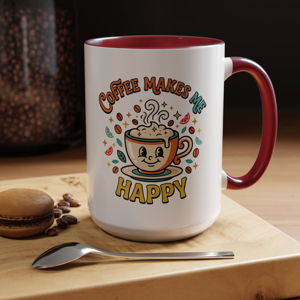 Coffee Mug — "Coffee Makes Me Happy" Cute Retro Accent Mug (11/15oz)