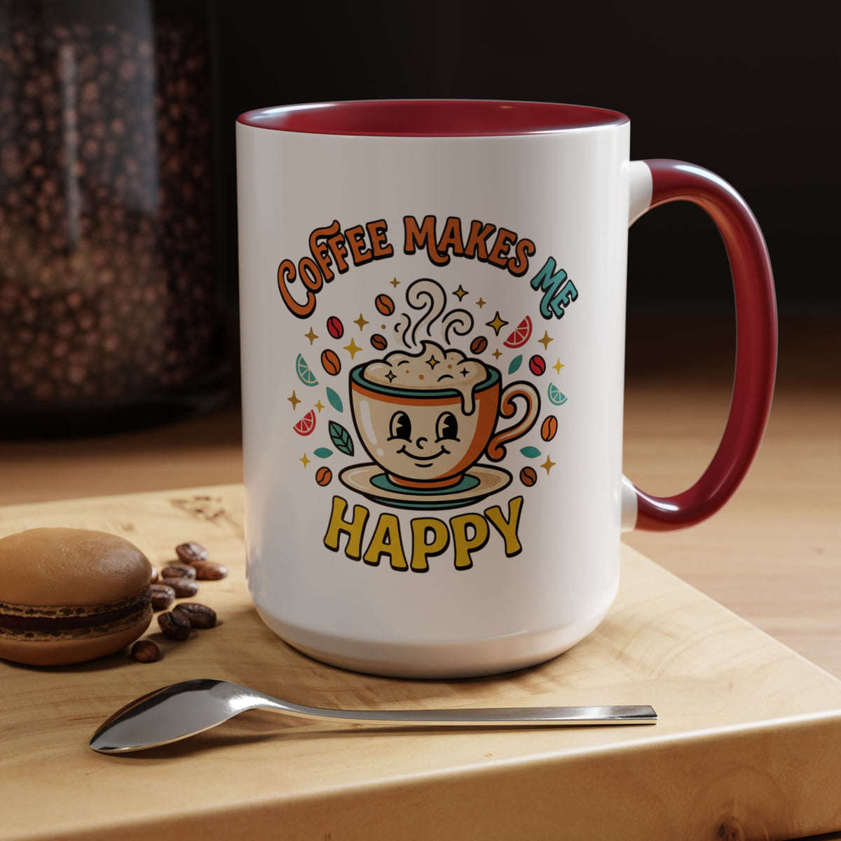 Coffee Mug — "Coffee Makes Me Happy" Cute Retro Accent Mug (11/15oz)