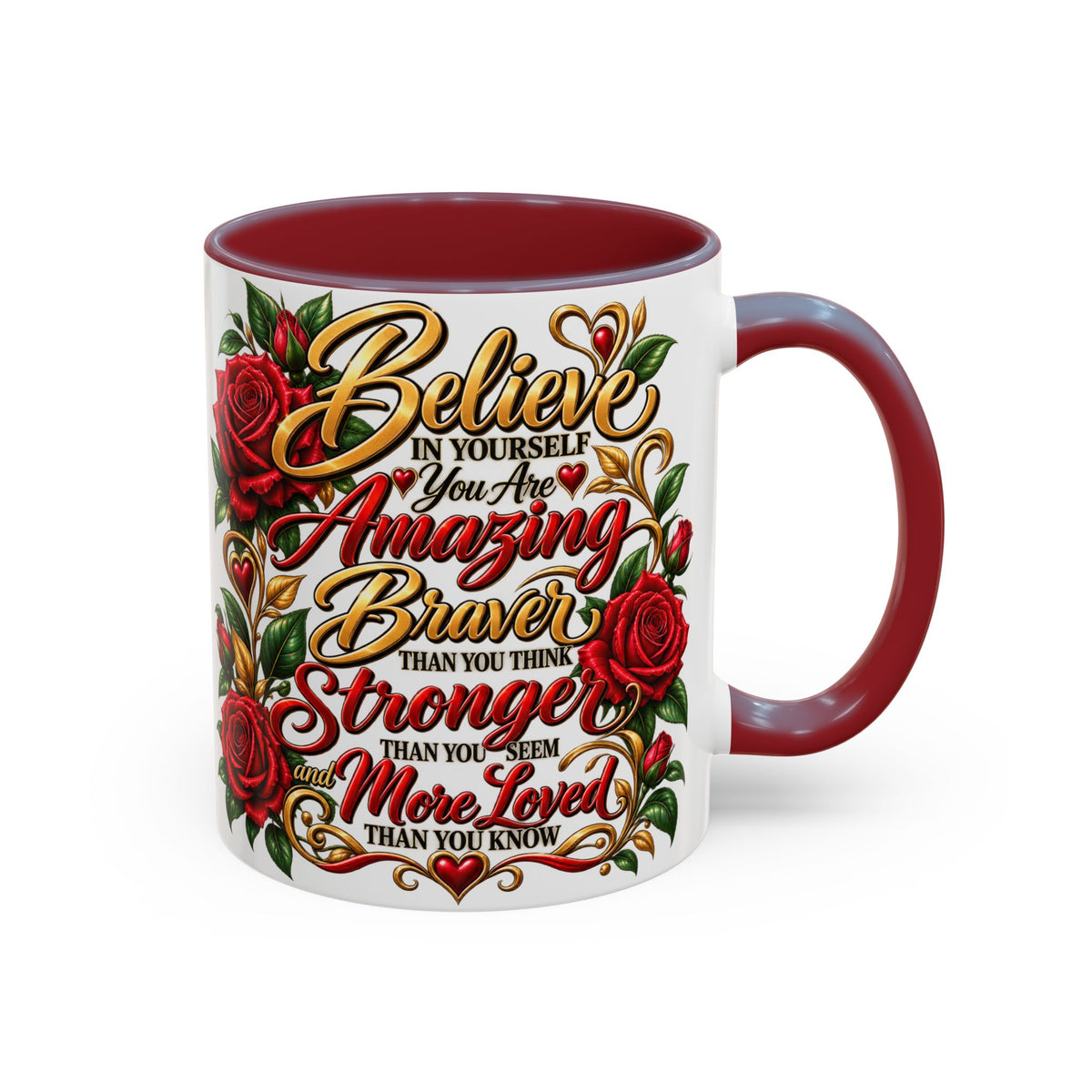 Inspirational Rose Coffee Mug — "Believe in Yourself" Motivational Tea Cup