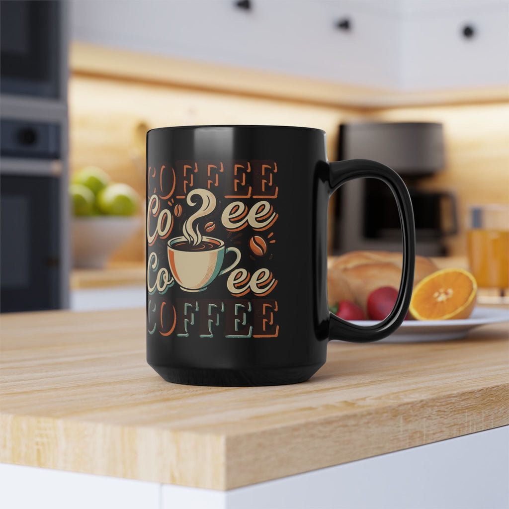 Coffee Lovers Black Mug — Retro 'Coffee' Typography with Steaming Cup (11oz & 15oz)