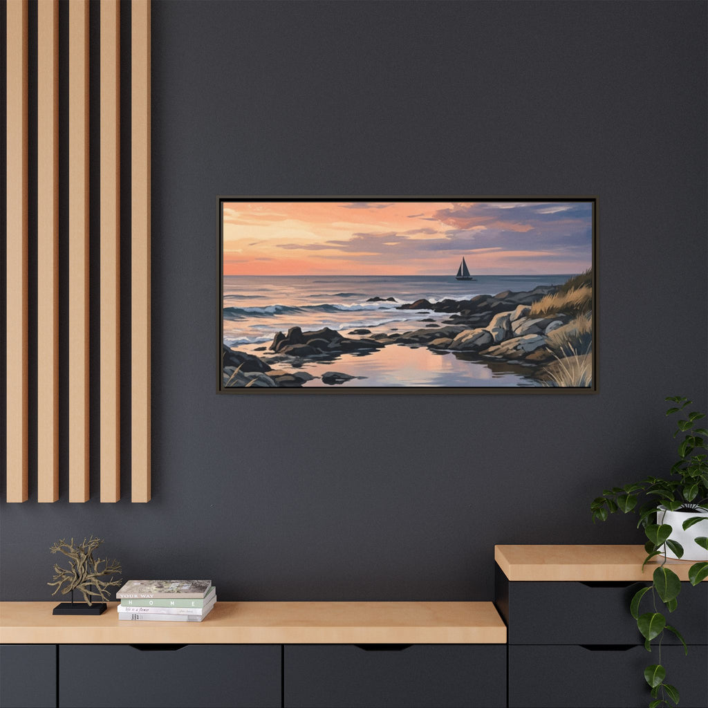 Framed Seaside Sunset Matte Canvas Print – Sailboat Coastal Wall Art