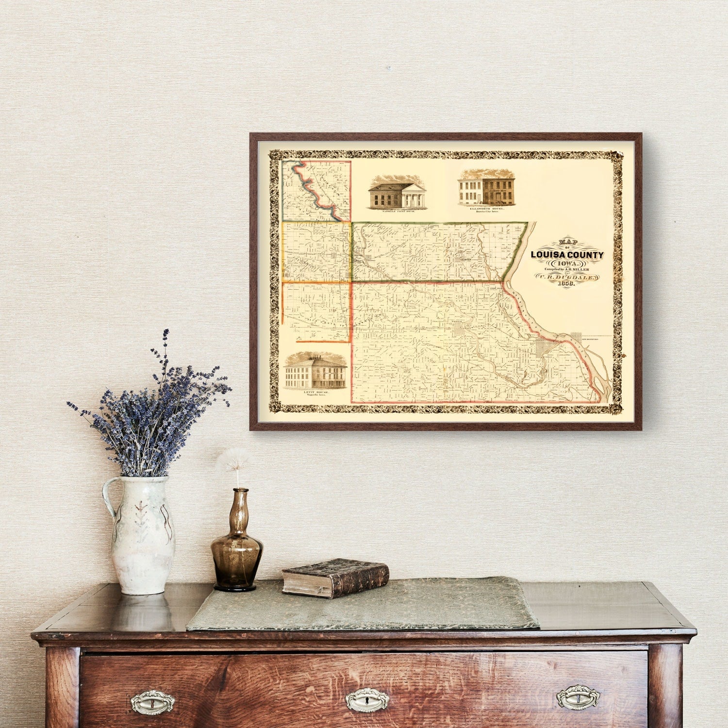 Vintage Map of Louisa County, Iowa 1858