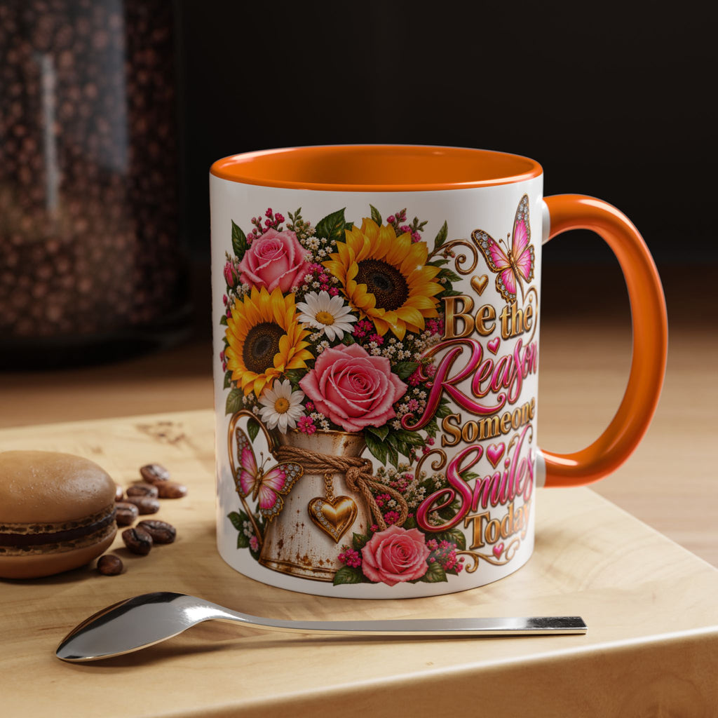 Be the Reason Someone Smiles Today Accent Coffee Mug – Floral Sunflower & Rose Inspirational 11/15oz