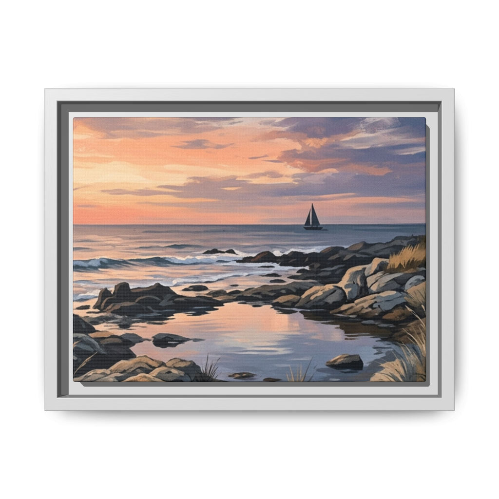 Framed Seaside Sunset Matte Canvas Print – Sailboat Coastal Wall Art