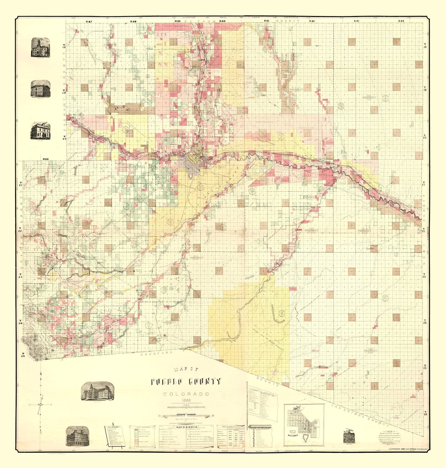 Vintage Map of Pueblo County, Colorado 1888