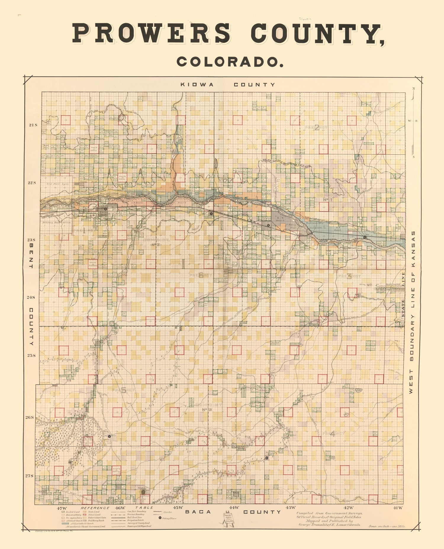 Vintage Map of Prowers County, Colorado 1889
