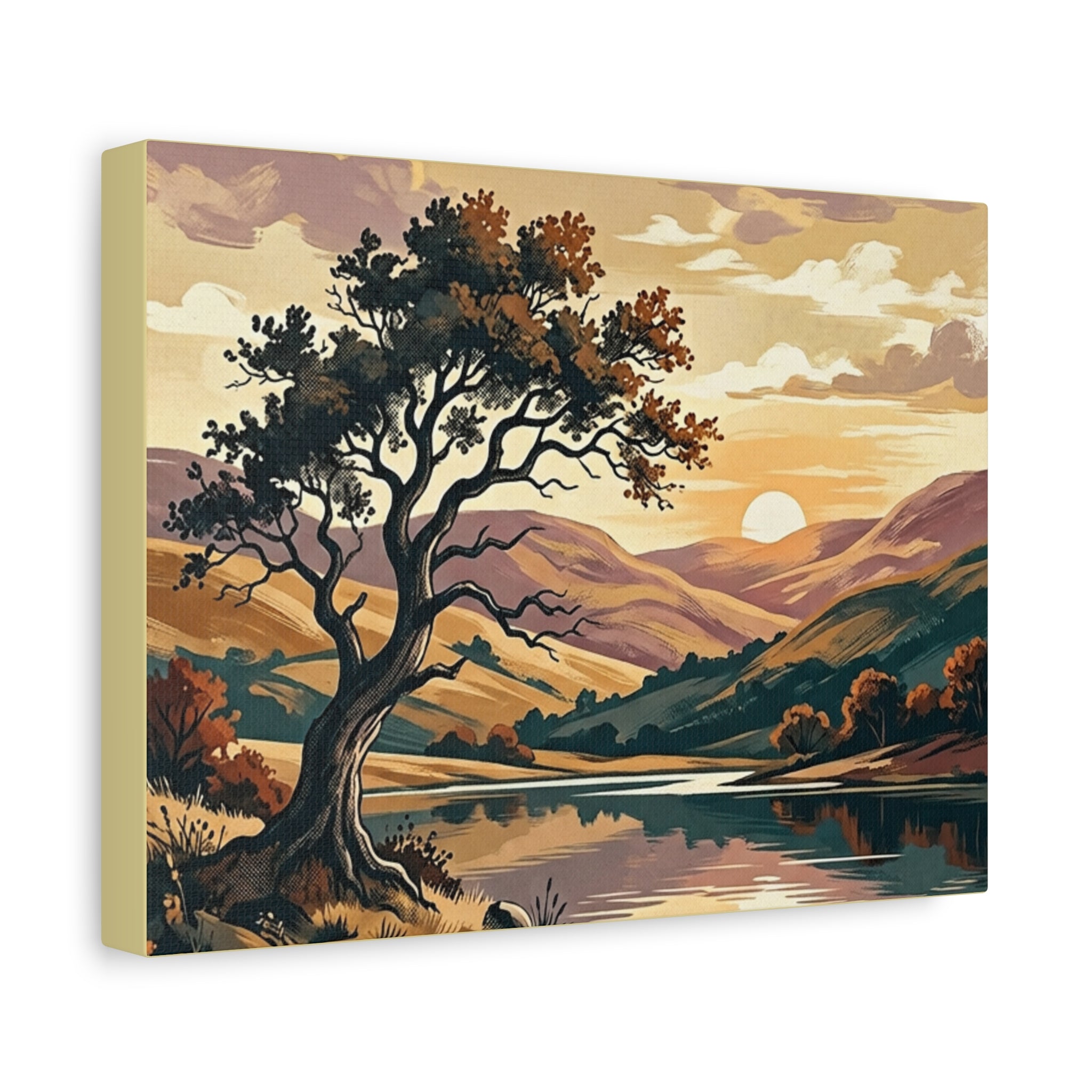 Sunset Lake Landscape Canvas - Vintage Tree Wall Art Print