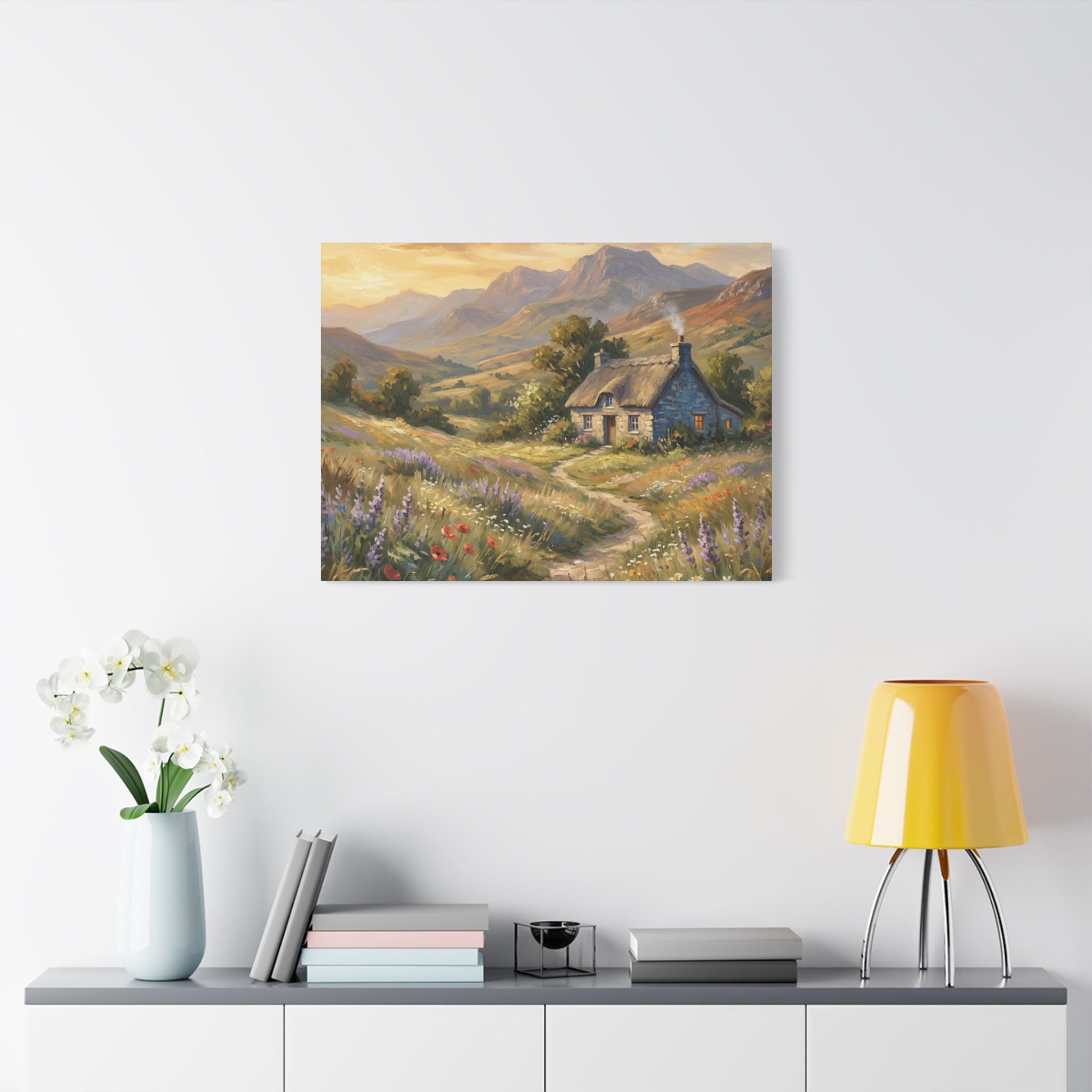 Countryside Cottage Canvas Wall Art — Tranquil Rustic Landscape Print