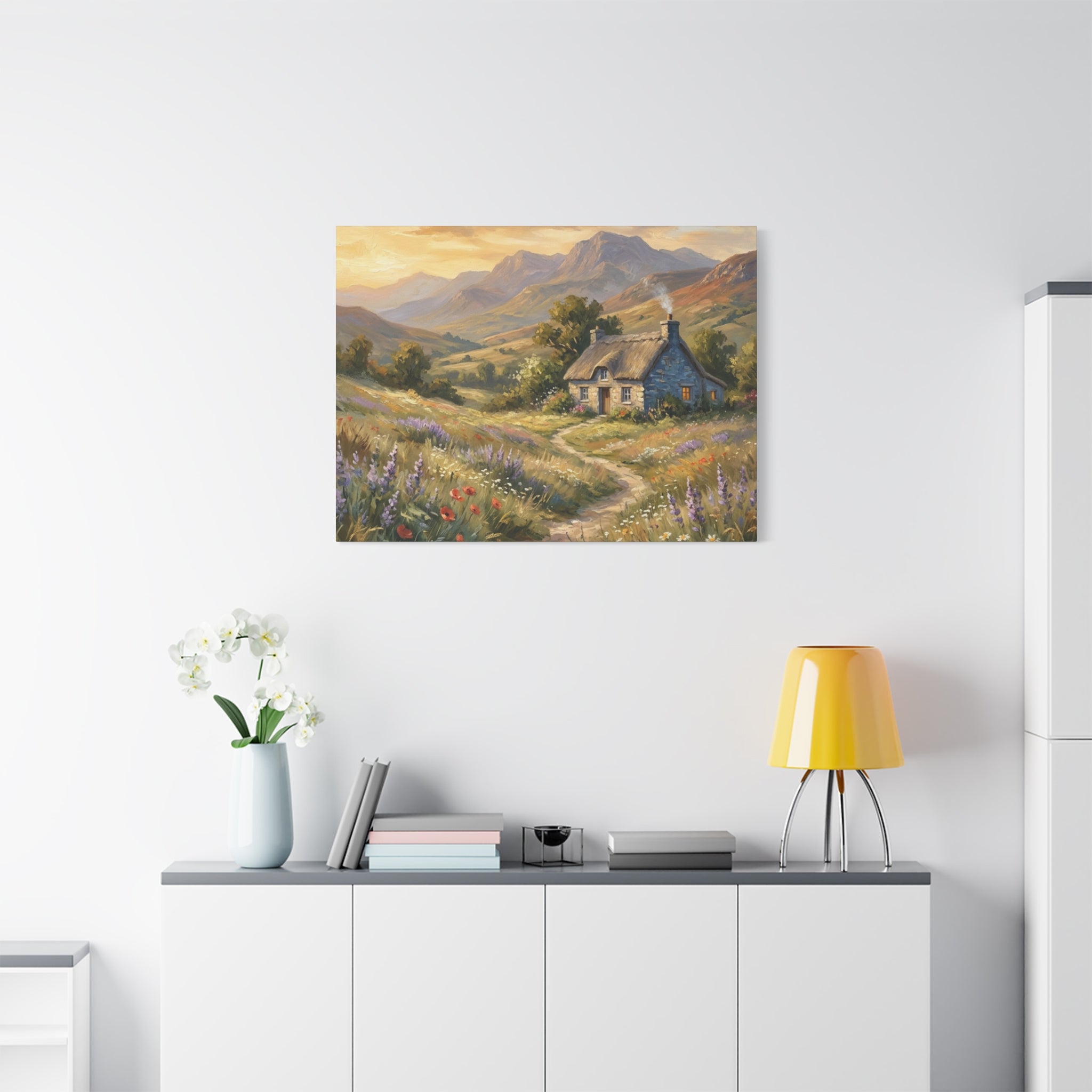 Countryside Cottage Canvas Wall Art — Tranquil Rustic Landscape Print