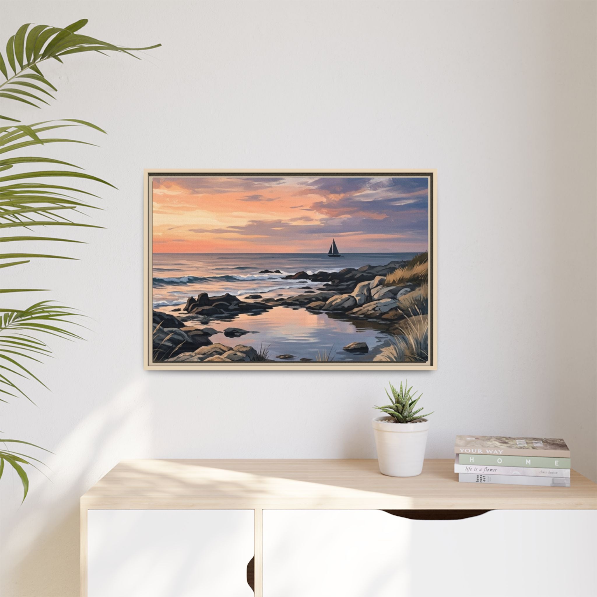 Framed Seaside Sunset Matte Canvas Print – Sailboat Coastal Wall Art