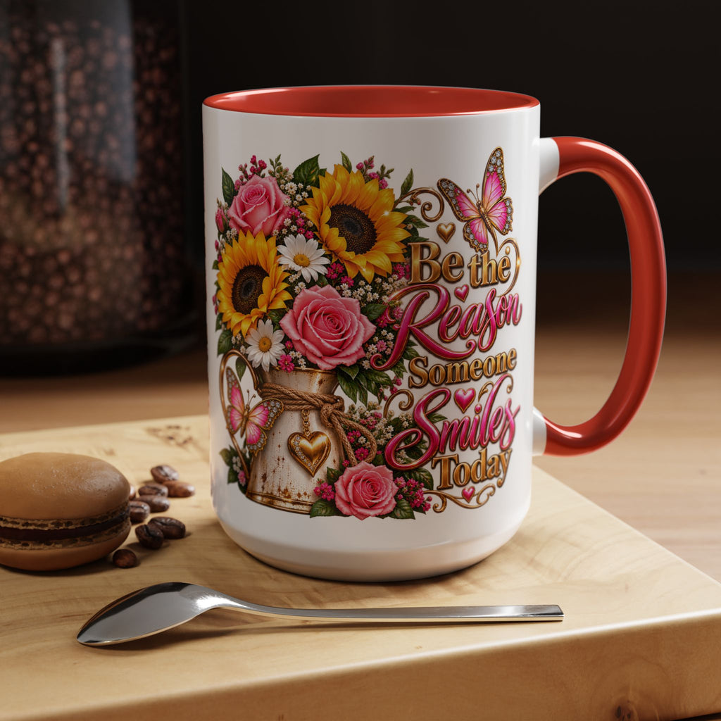 Be the Reason Someone Smiles Today Accent Coffee Mug – Floral Sunflower & Rose Inspirational 11/15oz