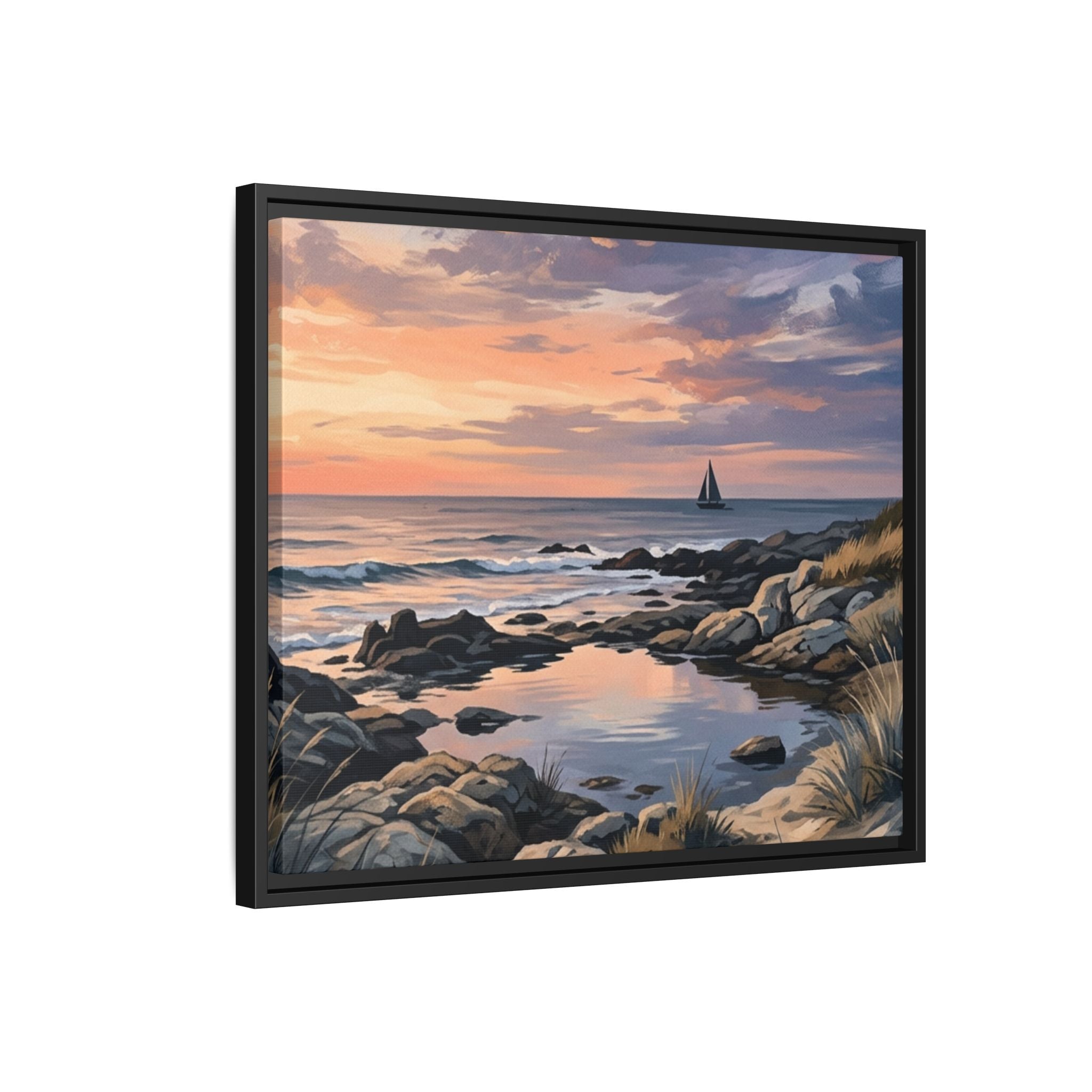 Framed Seaside Sunset Matte Canvas Print – Sailboat Coastal Wall Art