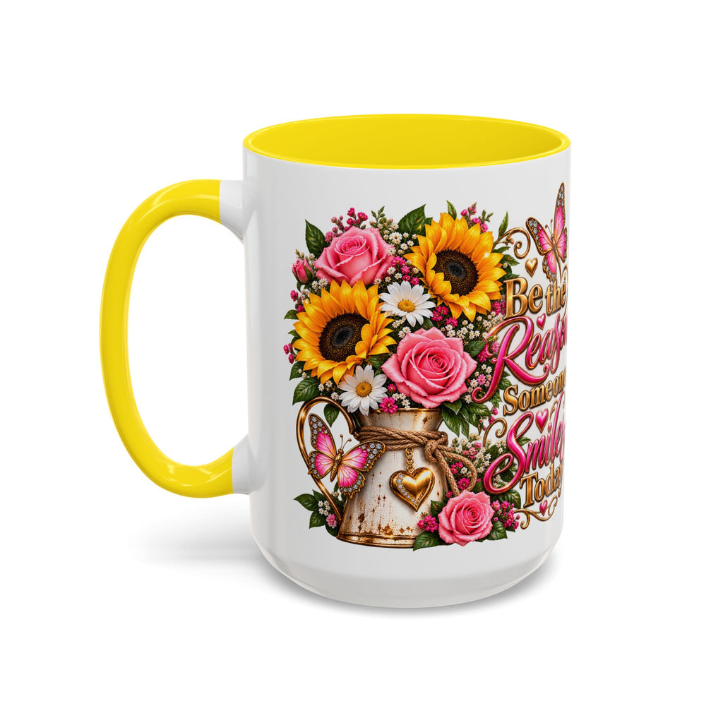 Be the Reason Someone Smiles Today Accent Coffee Mug – Floral Sunflower & Rose Inspirational 11/15oz