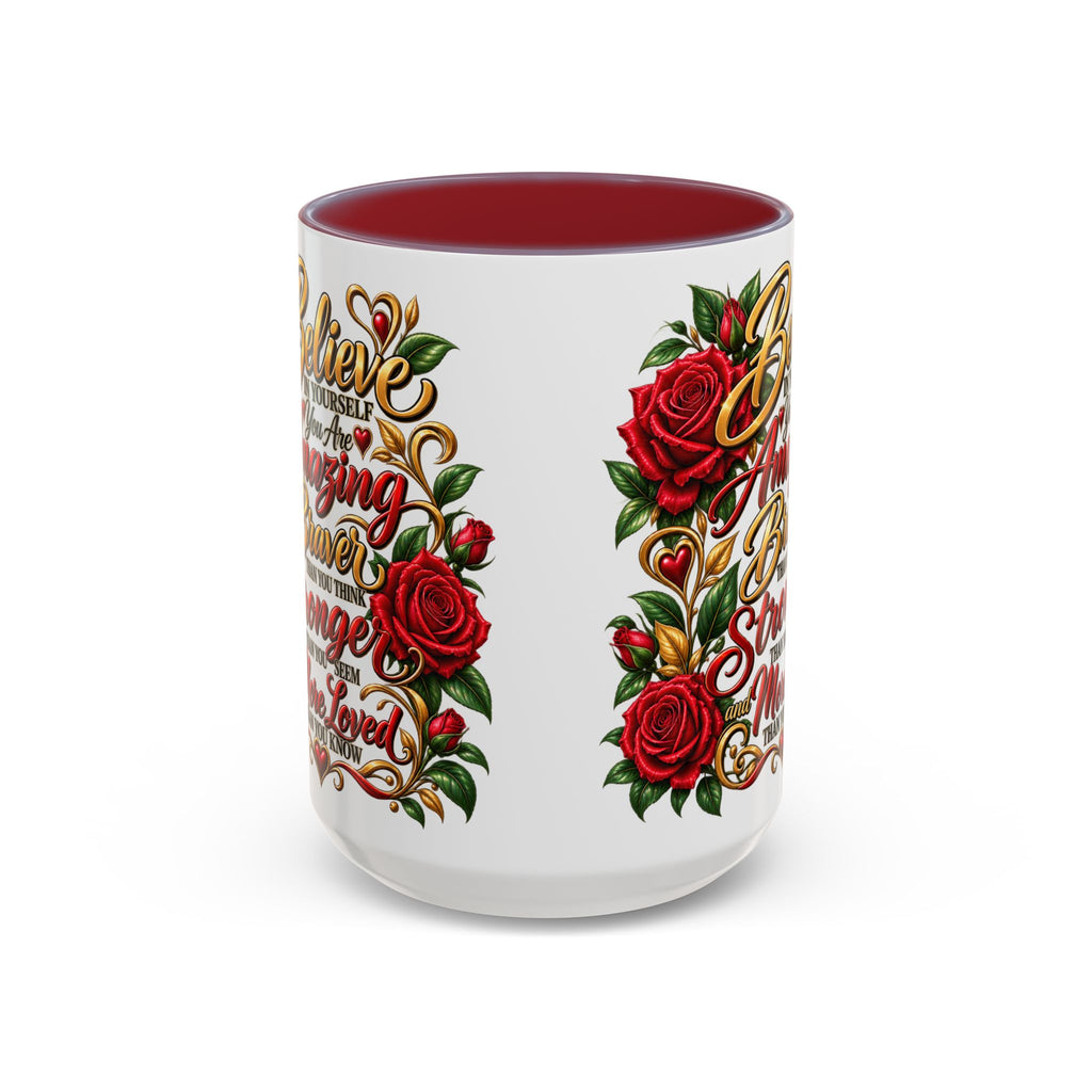 Inspirational Rose Coffee Mug — "Believe in Yourself" Motivational Tea Cup