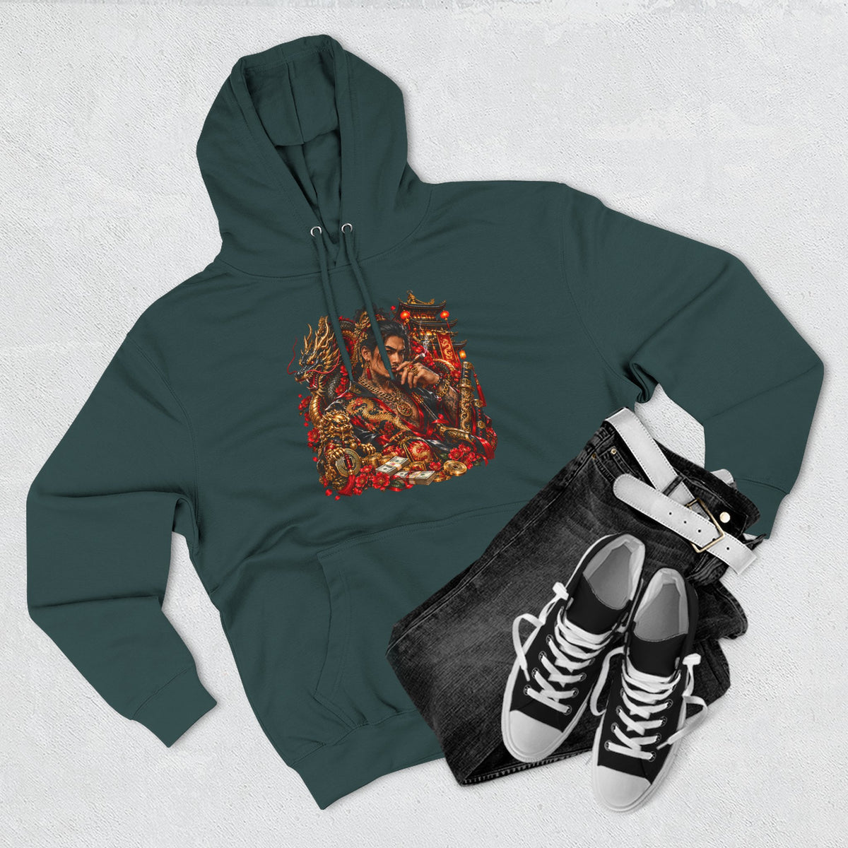 Dragon Battle Hoodie — Three-Panel Fleece Hooded Sweatshirt with Fiery Fantasy Artwork