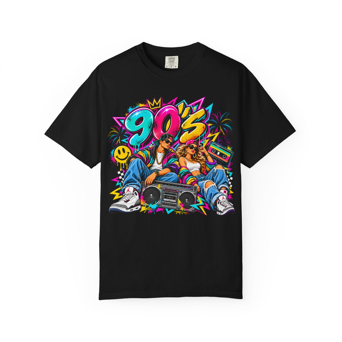 90s Retro Streetwear T-Shirt — Vintage Boombox & Neon Graffiti Design