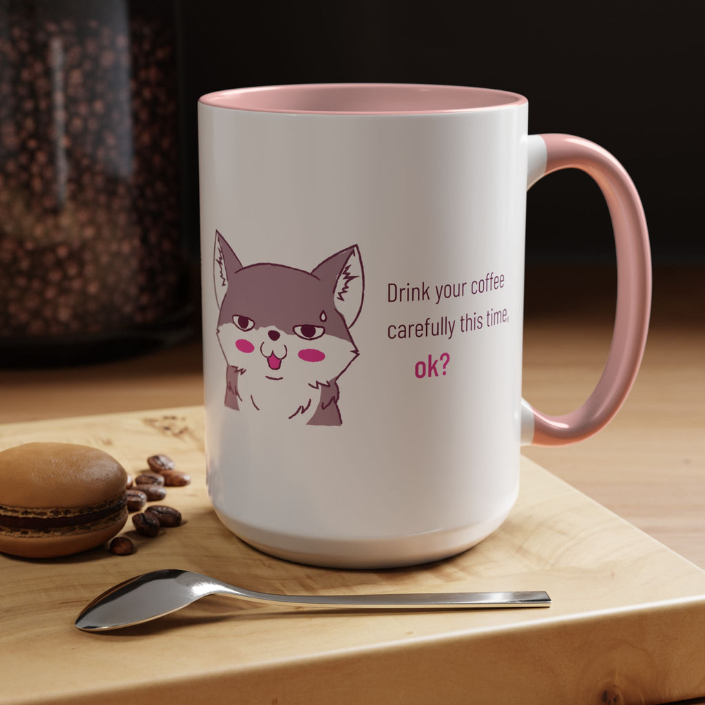 Accent Coffee Mug — Cute Shy Fox Design "Drink your coffee carefully this time, ok?"