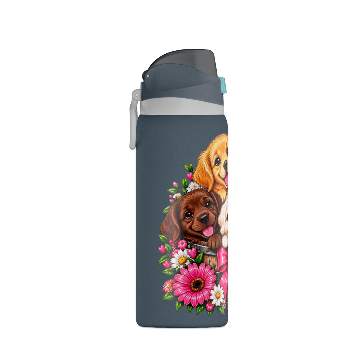 32oz Insulated Water Bottle with Adorable Dogs and Flowers