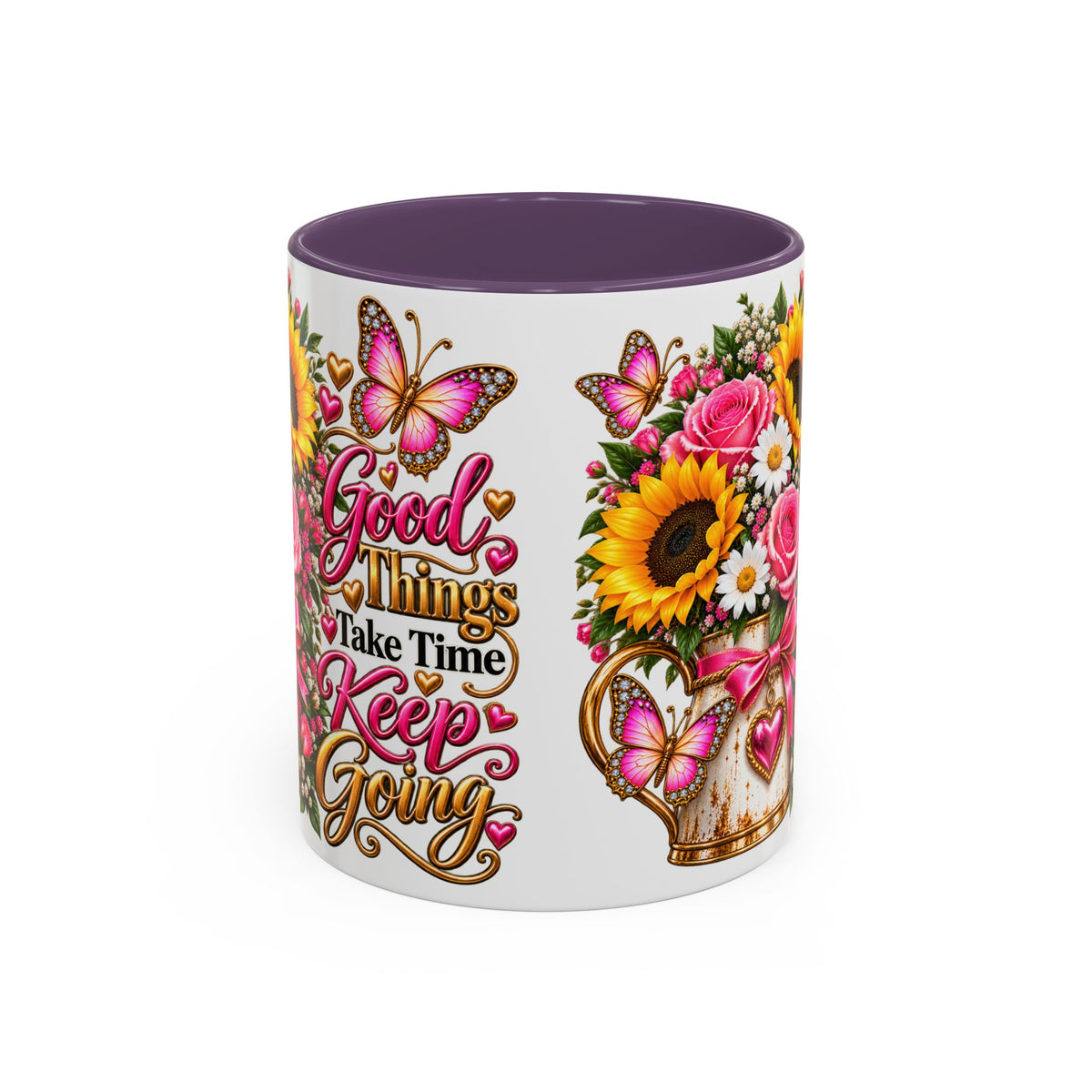 Inspiring Floral Coffee Mug — "Good Things Take Time, Keep Going"