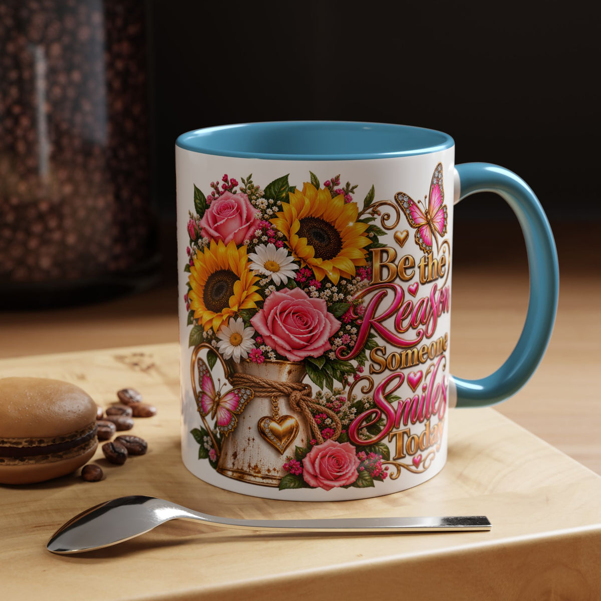 Be the Reason Someone Smiles Today Accent Coffee Mug – Floral Sunflower & Rose Inspirational 11/15oz