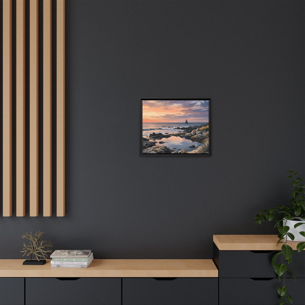 Framed Seaside Sunset Matte Canvas Print – Sailboat Coastal Wall Art