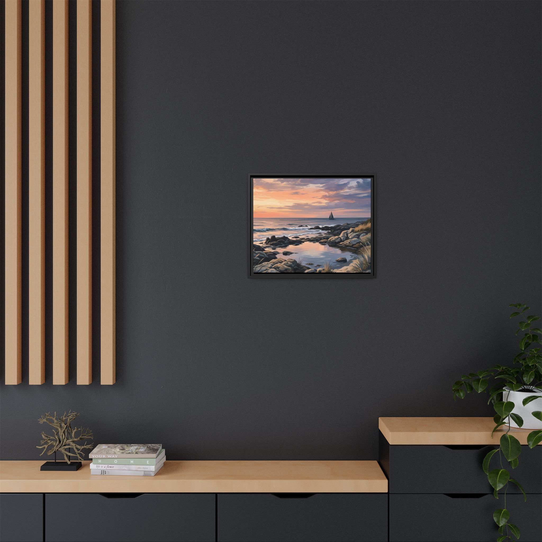 Framed Seaside Sunset Matte Canvas Print – Sailboat Coastal Wall Art