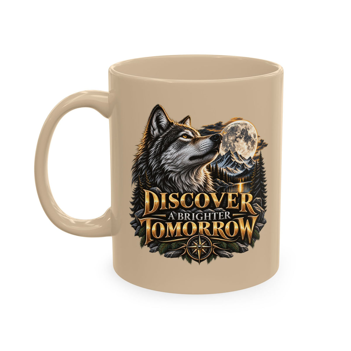 Discover Tomorrow Ceramic Mug — Howling Wolf & Moon Coffee Cup