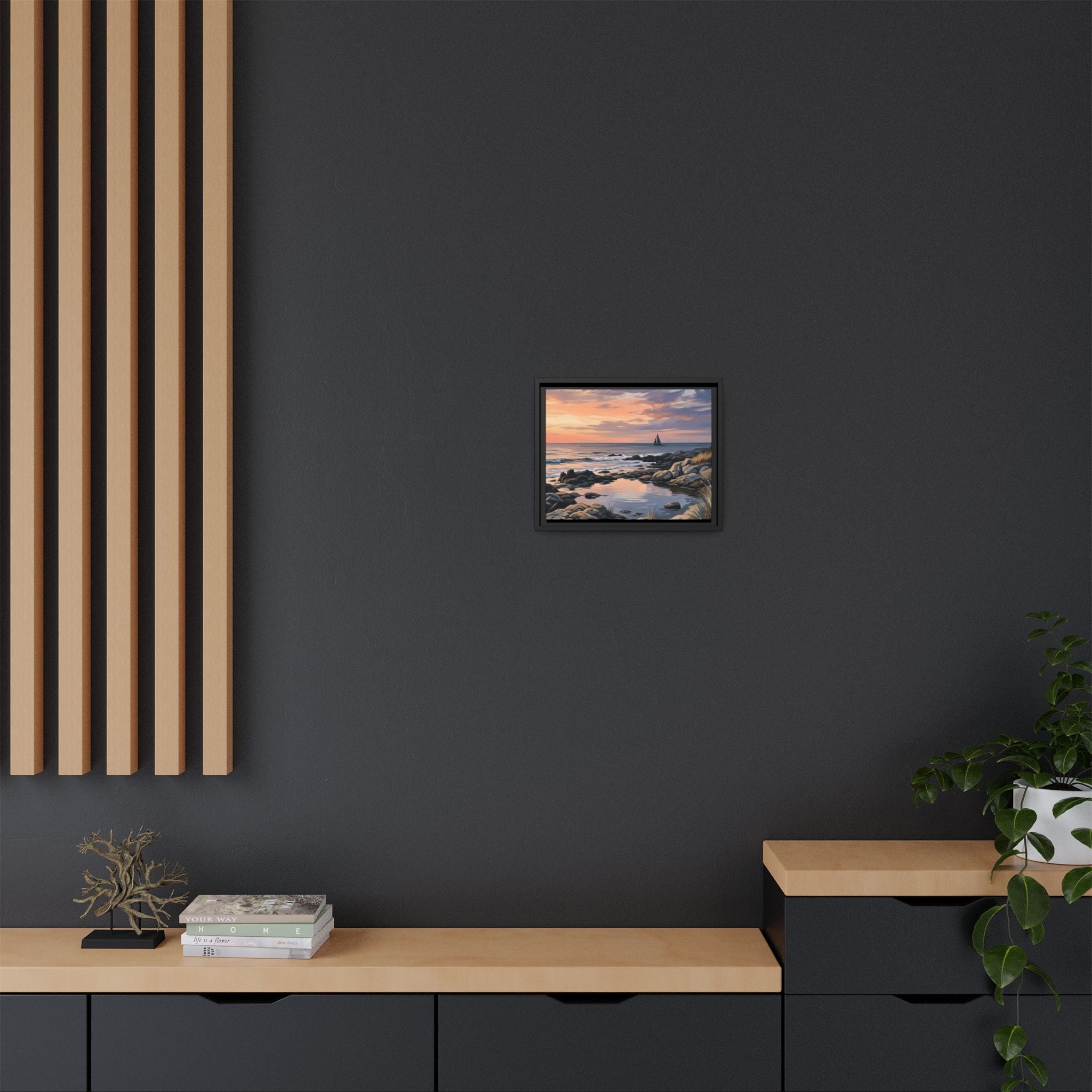 Framed Seaside Sunset Matte Canvas Print – Sailboat Coastal Wall Art