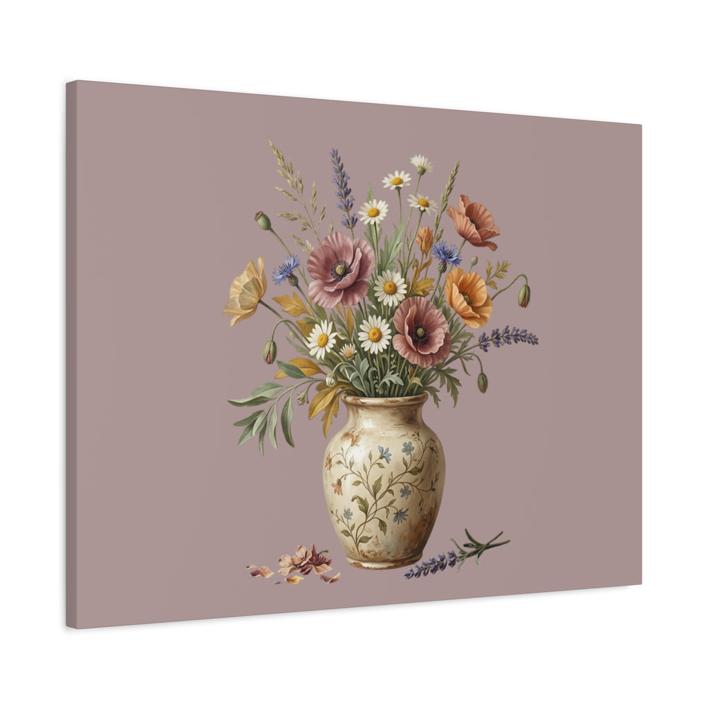 Botanical Vase Floral Canvas Print — Vintage Wildflower Wall Art