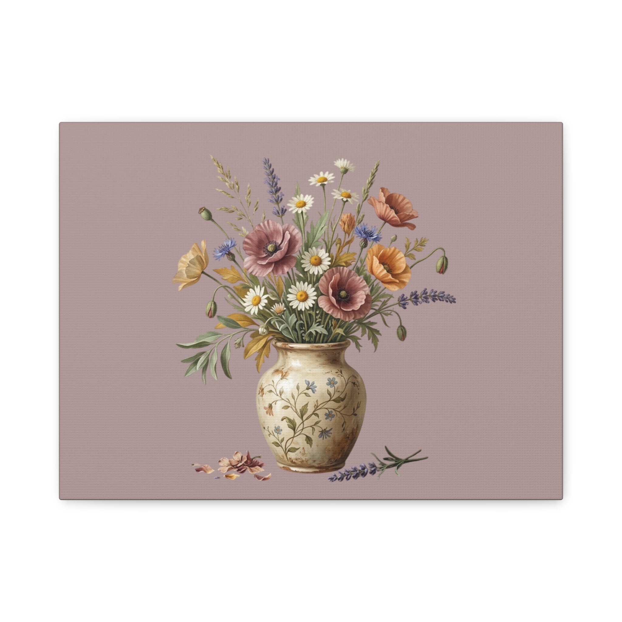 Botanical Vase Floral Canvas Print — Vintage Wildflower Wall Art