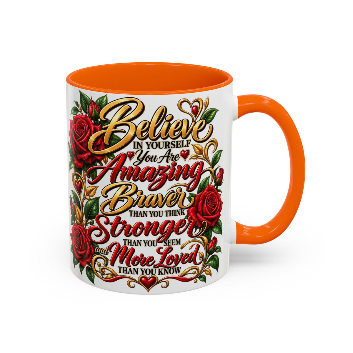 Inspirational Rose Coffee Mug — "Believe in Yourself" Motivational Tea Cup
