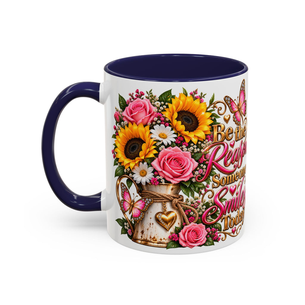 Be the Reason Someone Smiles Today Accent Coffee Mug – Floral Sunflower & Rose Inspirational 11/15oz