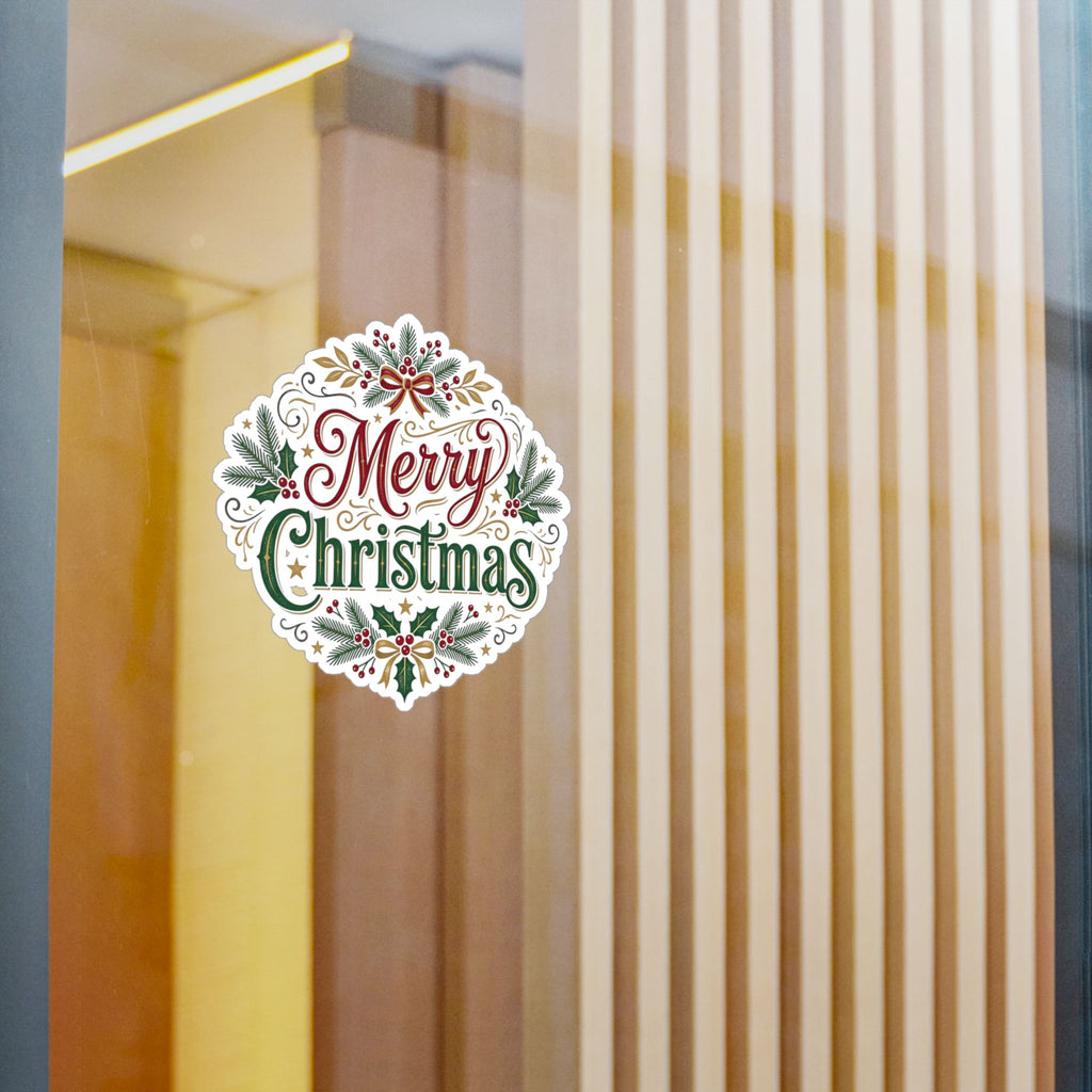 Merry Christmas Vinyl Decal — Holiday Wreath Sticker for Windows, Laptops & Gifts