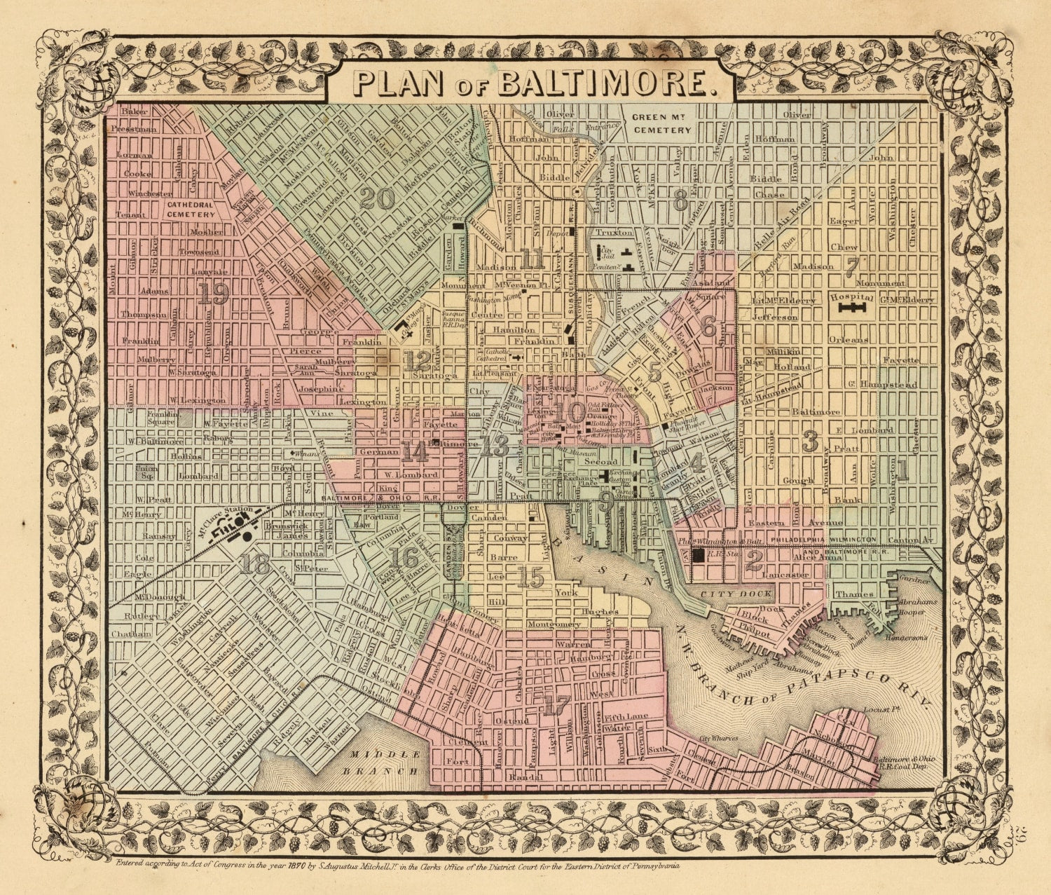 Vintage Map of Baltimore, Maryland 1870
