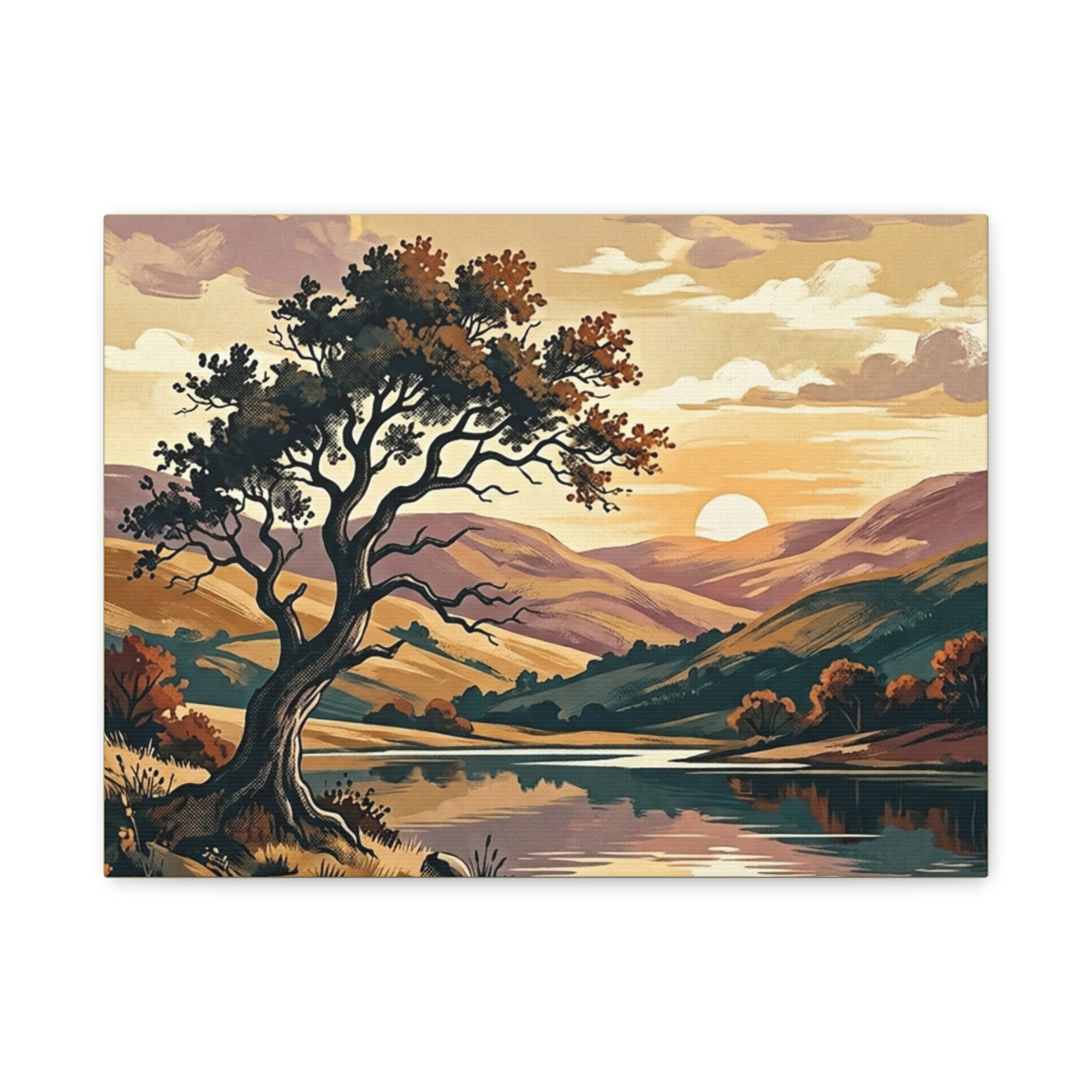 Sunset Lake Landscape Canvas - Vintage Tree Wall Art Print